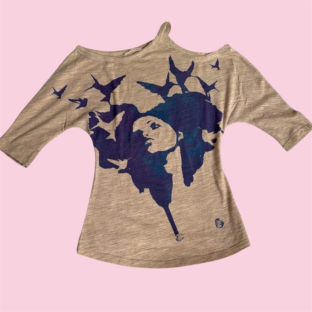 Y2K Fornarina Euro Off the shoulder batwing top with blue graphic